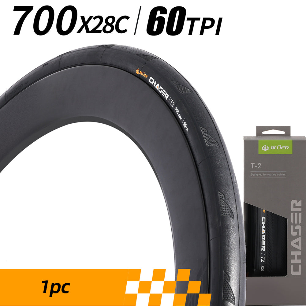 Bicycle tire with 'Chaser' branding and packaging on a white background