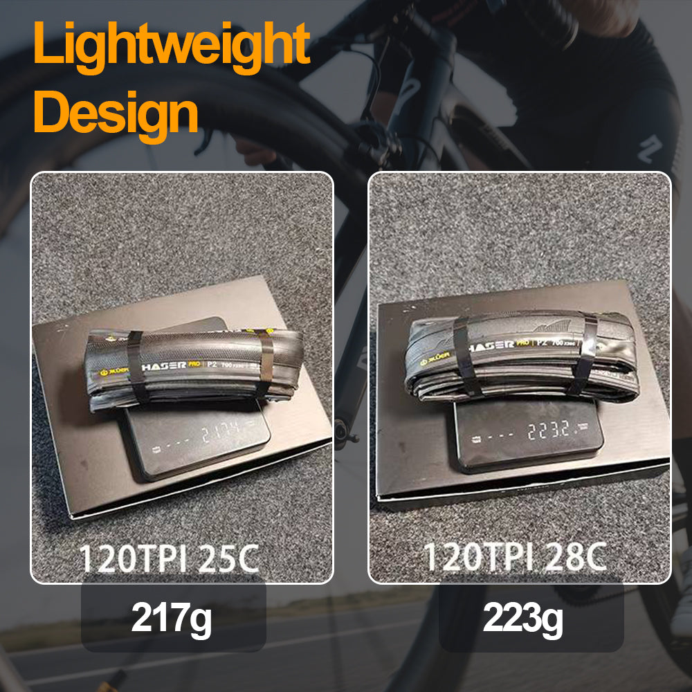 Comparison of bicycle tires on a scale with 'Lightweight Design' text.