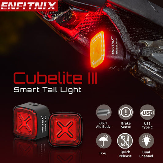 CubeliteIII smart bicycle taillight is installed on the seat cushion of the bicycle, emitting a red highlight in the dark。