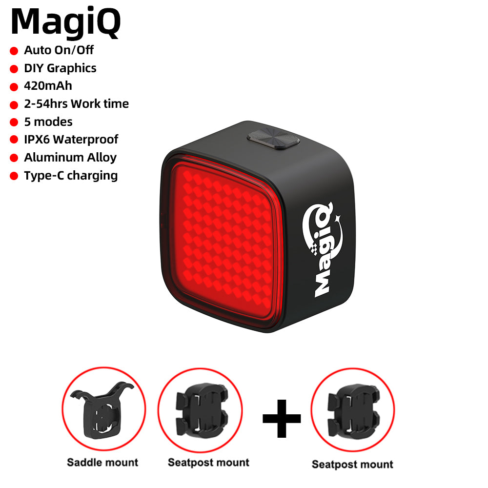 MagiQ bike light with features listed on a white background