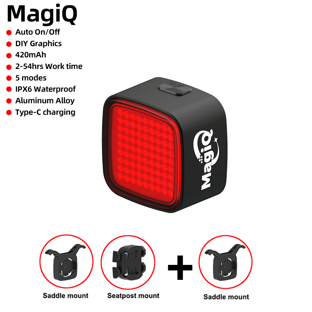 MagiQ bike light with features listed on a white background