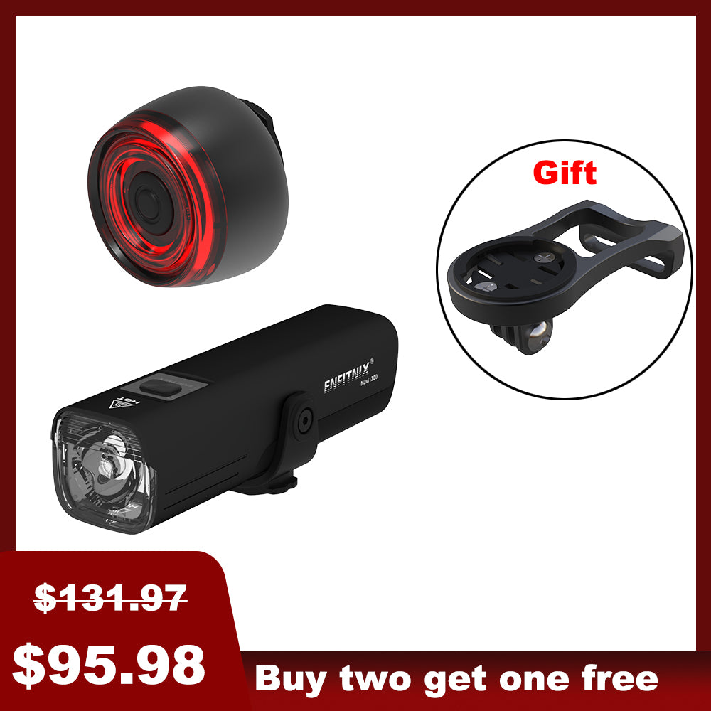 The image shows a black Navi1200 smart front light and XliteSE tail light for bicycles. The product is displayed with an emphasis on the front light, which has a powerful output of 1,200 lumens, and is designed for off-road and high-speed cyclists.