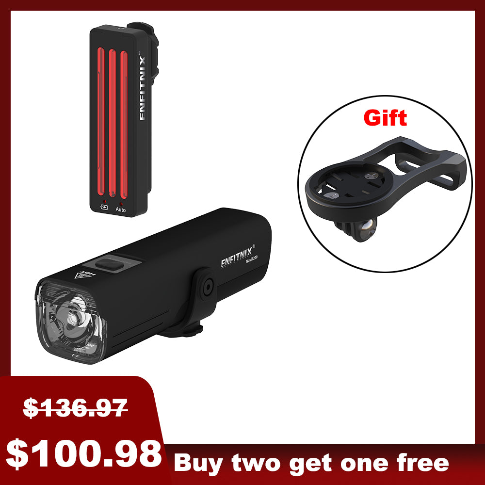 The image shows a black Navi1200 smart front light and tail light for bicycles. The product is displayed with an emphasis on the front light, which has a powerful output of 1,200 lumens, and is designed for off-road and high-speed cyclists.