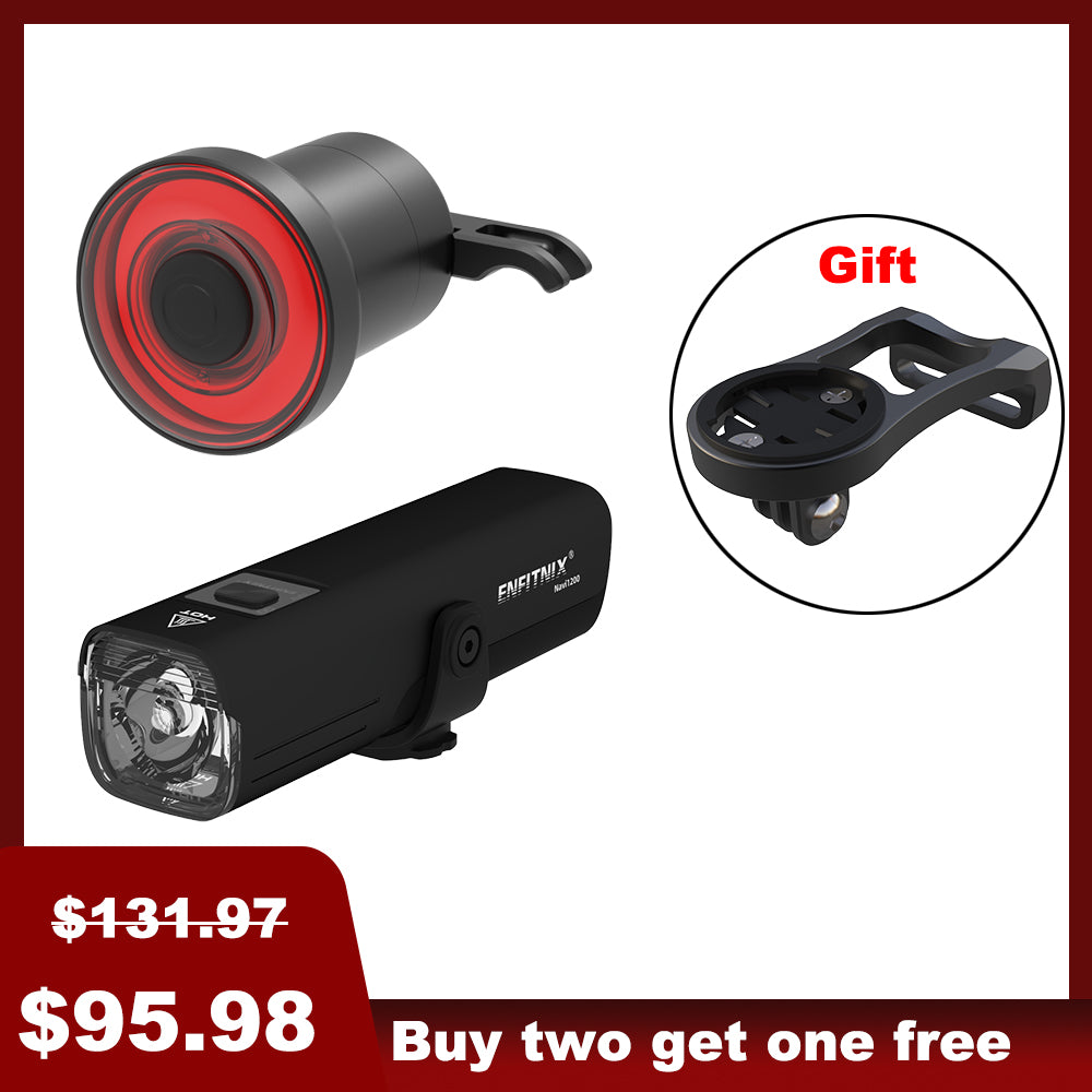 The image shows a black Navi1200 smart front light and tail light for bicycles. The product is displayed with an emphasis on the front light, which has a powerful output of 1,200 lumens, and is designed for off-road and high-speed cyclists.