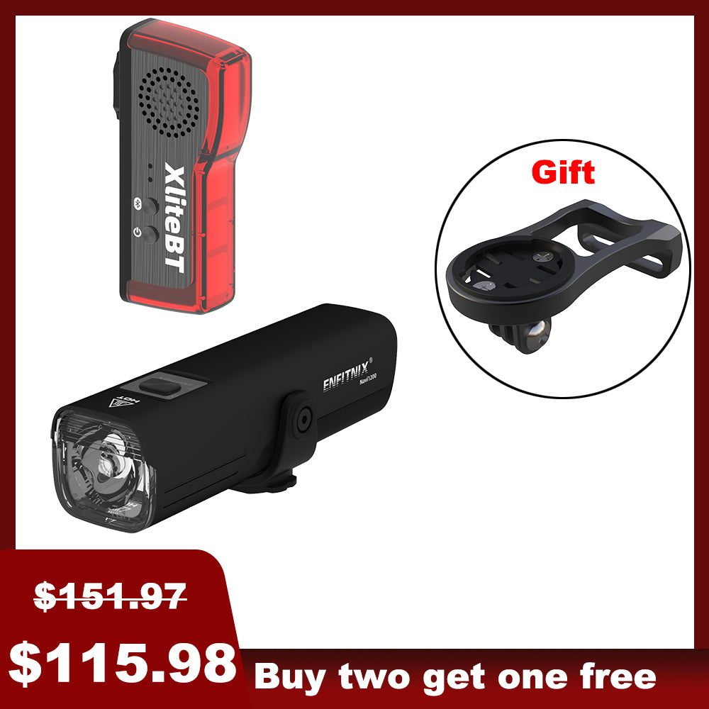 The image shows a black Navi1200 smart front light and tail light for bicycles. The product is displayed with an emphasis on the front light, which has a powerful output of 1,200 lumens, and is designed for off-road and high-speed cyclists.