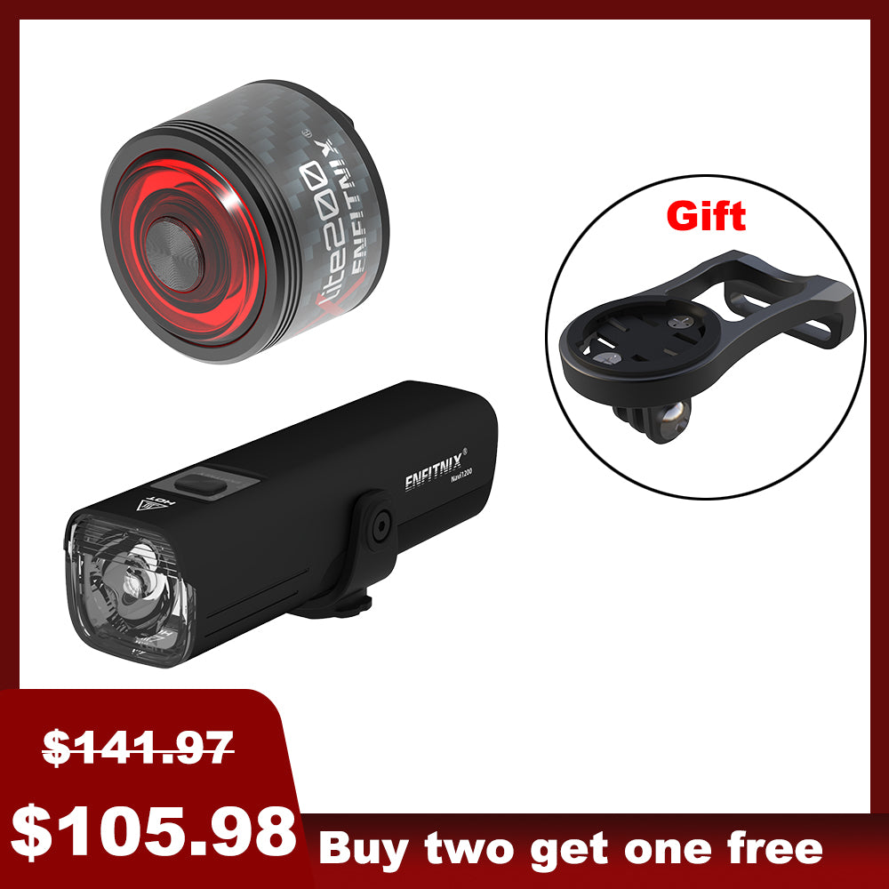 The image shows a black Navi1200 smart front light and Xlite200 tail light for bicycles. The product is displayed with an emphasis on the front light, which has a powerful output of 1,200 lumens, and is designed for off-road and high-speed cyclists.