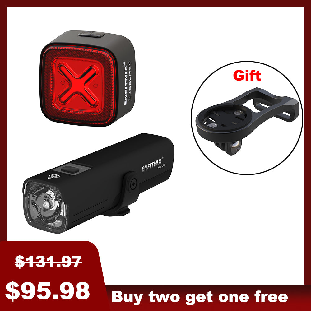 The image shows a black Navi1200 smart front light and CubeliteIII tail light for bicycles. The product is displayed with an emphasis on the front light, which has a powerful output of 1,200 lumens, and is designed for off-road and high-speed cyclists.