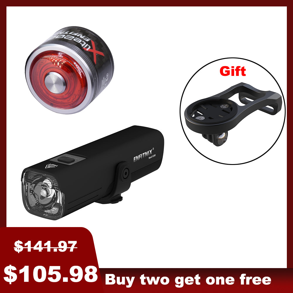 The image shows a black Navi1200 smart front light and silvery tail light for bicycles. The product is displayed with an emphasis on the front light, which has a powerful output of 1,200 lumens, and is designed for off-road and high-speed cyclists.
