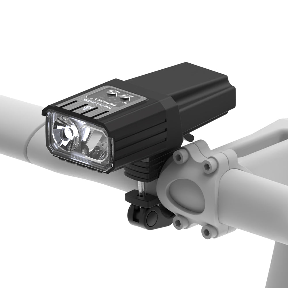 Bicycle headlight attached to a bike frame on a white background