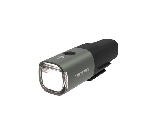 A black Navi500 smart front light for bicycles, showing the front lens and side casing.