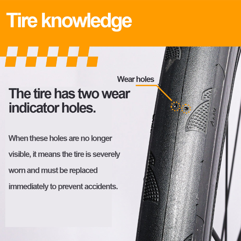 Bicycle tire with wear indicator holes highlighted, educational text about tire maintenance.