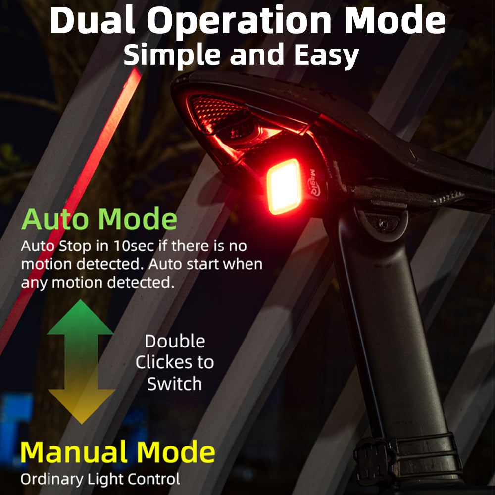 Saddle-mounted bicycle rear light with 5 lighting modes (runtime per mode listed)