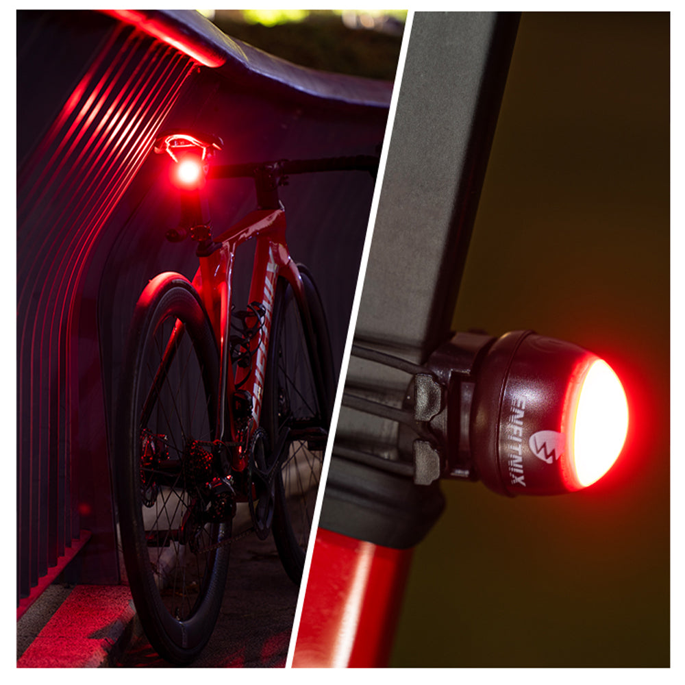 Bicycle tail light attached to a bike and close-up of the light on a dark background.