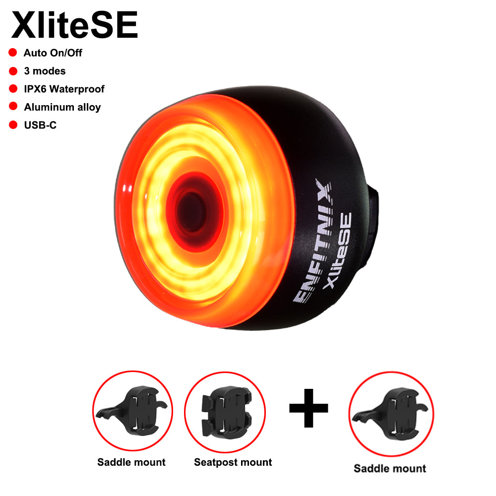 A set of XliteSE bicycle taillights with two seat cushion brackets and one seat pole bracket