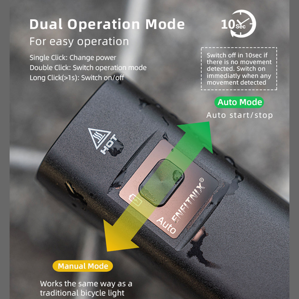 Bicycle light with dual operation mode instructions on a gray background