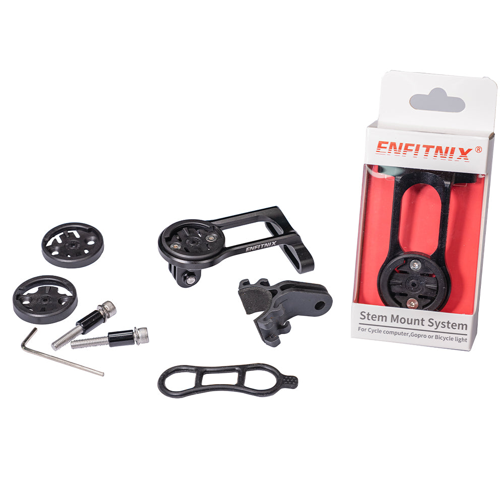 Bicycle stem mount system with packaging on a white background