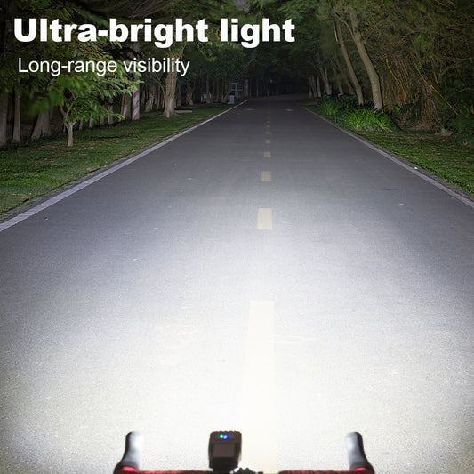 Road illuminated by a headlight with 'Ultra-bright light' and 'Long-range visibility' text.