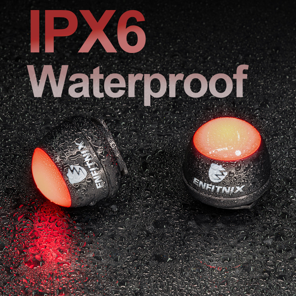 Two waterproof LED lights on a black textured background with 'IPX6 Waterproof' text.
