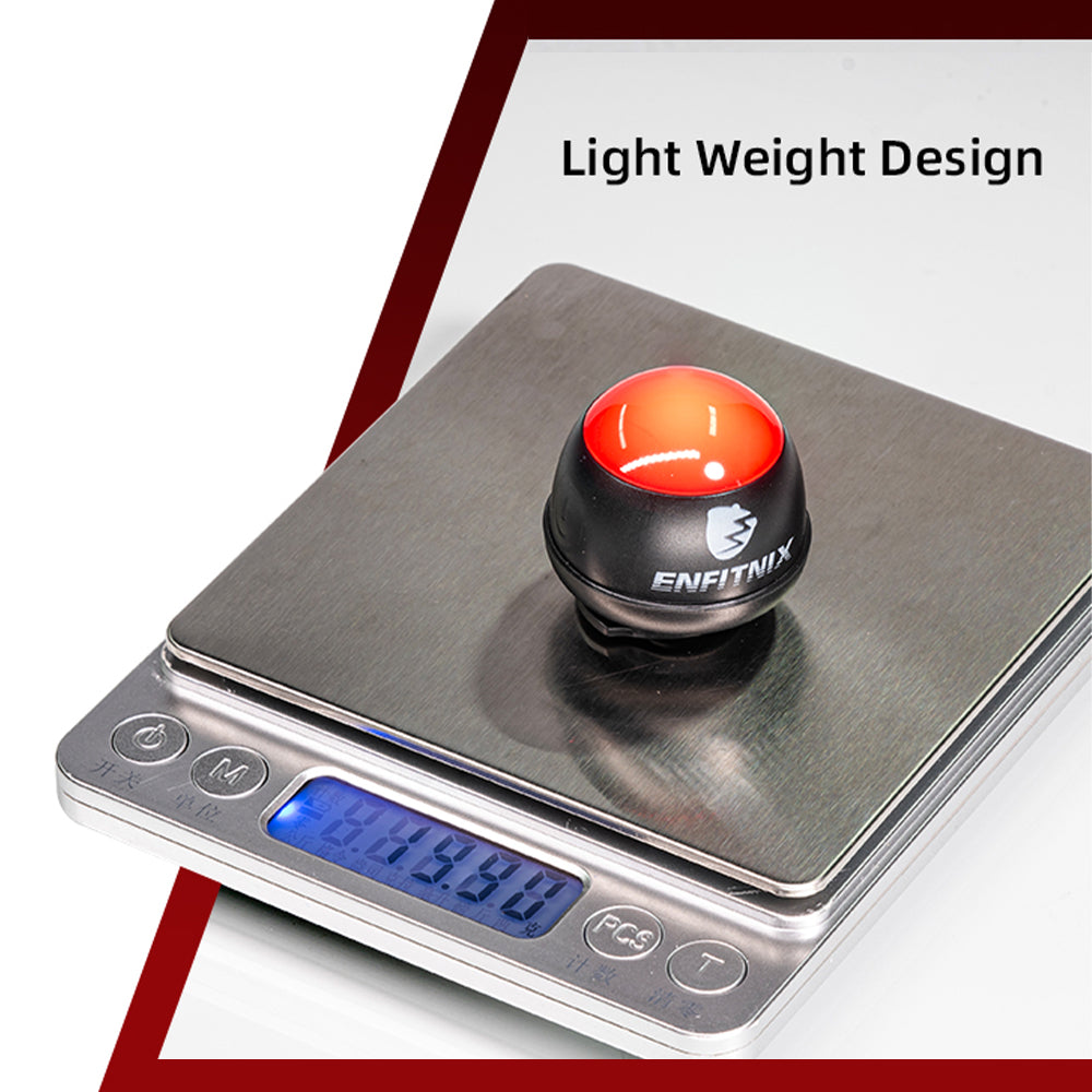 Red and black weight on a digital scale with 'ENFITNIX' branding, labeled 'Light Weight Design'.