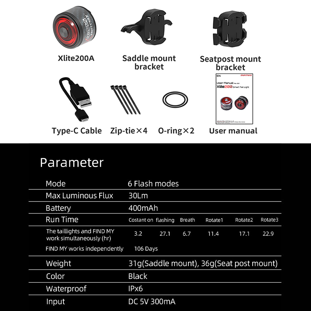 Xlite200A Smart Bike Tail Light with Apple Find My Integration