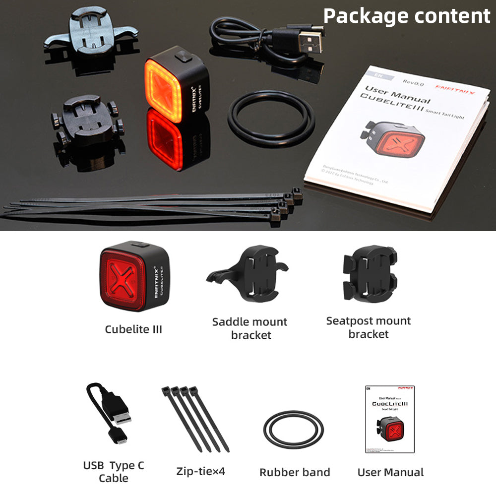 Package content of a bike light system with Cubelite III, mount brackets, USB cable, and user manual.
