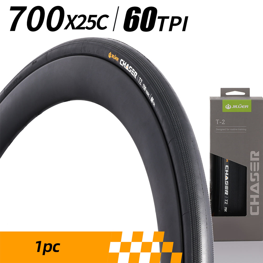 Bicycle tire with packaging and specifications on a white background