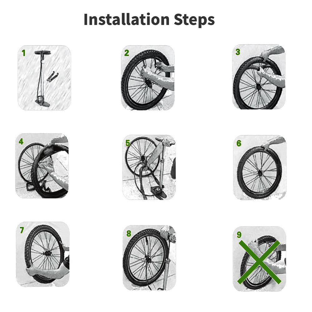 Step-by-step installation guide for a bicycle with labeled steps.
