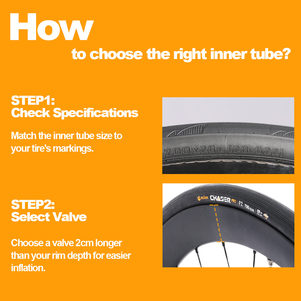 Instructions on how to choose the right inner tube for a bicycle tire, with text and images of tire specifications and valve types.