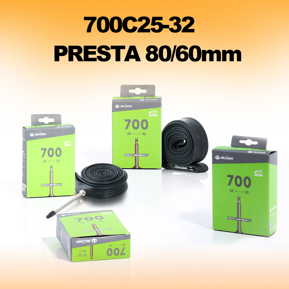Bicycle inner tube and packaging with '700C25-32 PRESTA 80/60mm' text on a gradient background.