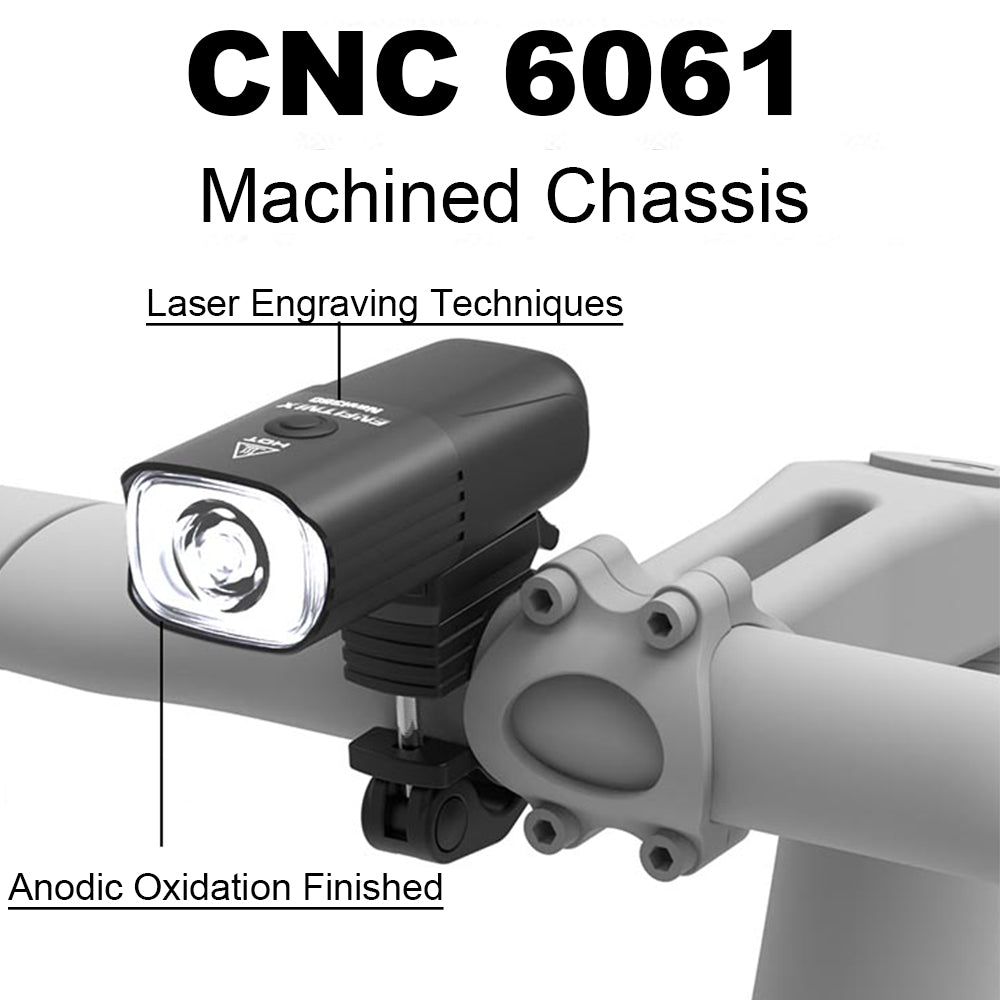 Bicycle headlight attached to a bike handlebar with text highlighting CNC 6061 machined chassis and laser engraving techniques.