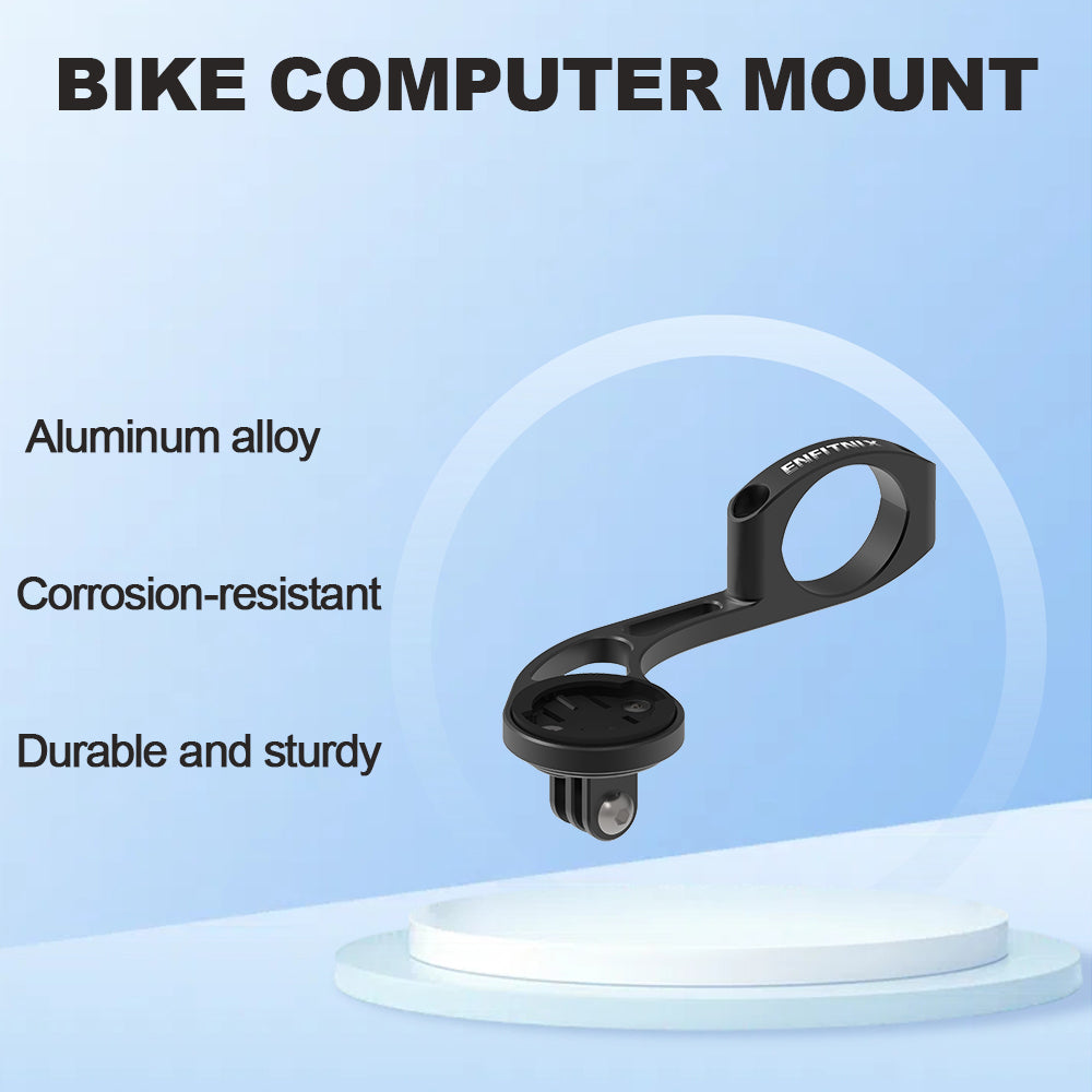 Bike computer mount with text on a blue background