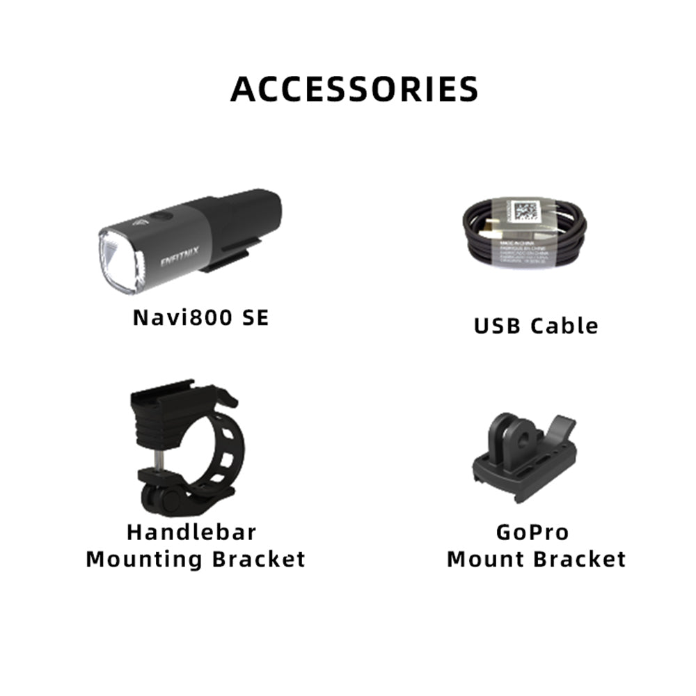 The image shows the bike headlight accessories, including one Navi800 bicycle front light, one original handlebar mount, one GoPro adapter, and one USB-C cable.