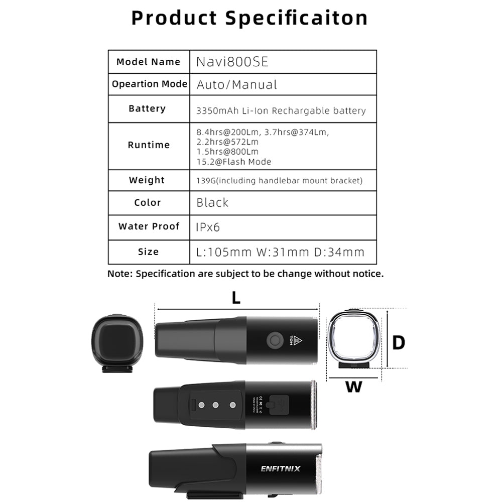 Bicycle Headlight Specifications. The image shows the specifications of the Navi800, including Model Name, Operation Mode, Battery, Runtime, Weight, Color, Waterproof Rating, and Size.
