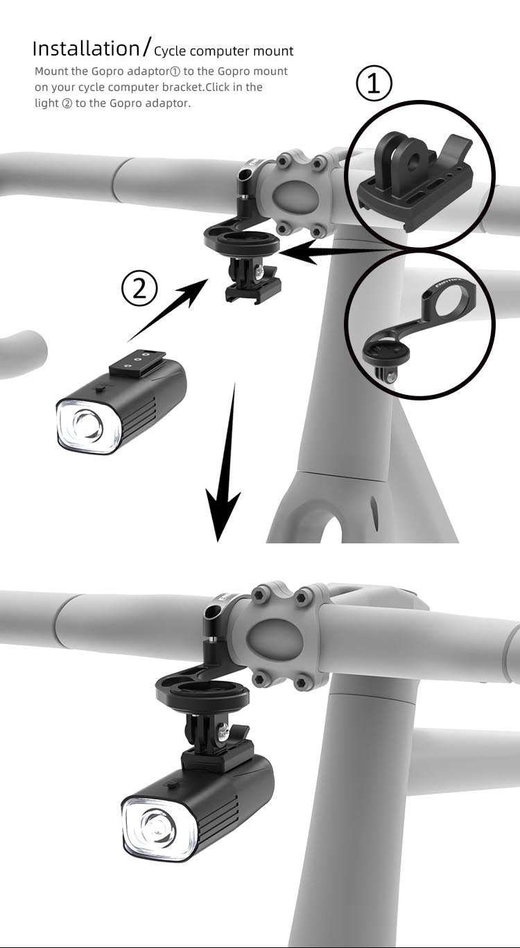 Bike lifting bracket installation tutorial, use the go pro adapter bracket included in the package to install it in front of the bicycle handlebar with the headlight