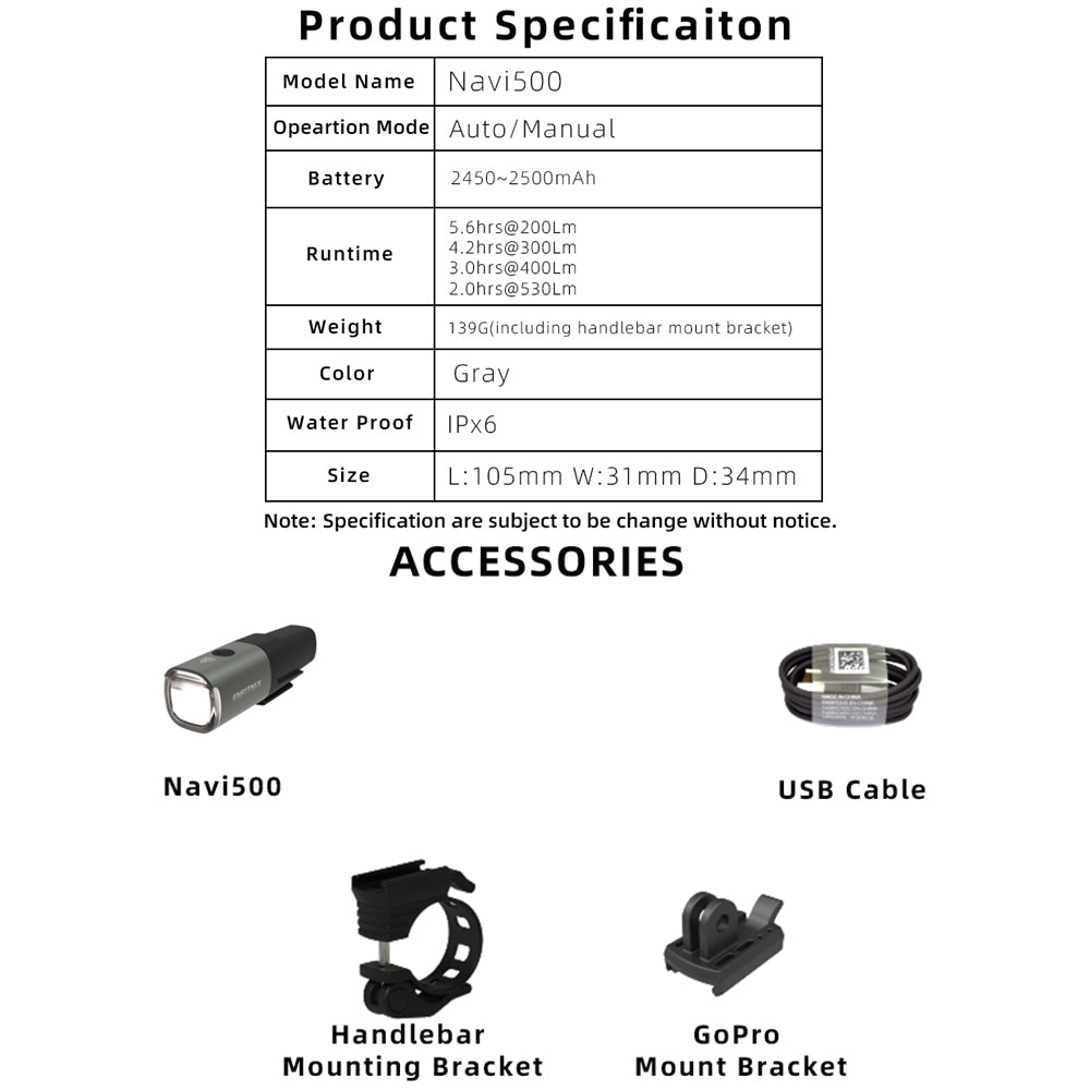 The image shows the specifications of the Navi500 including Model Name, Operation Mode, Battery, Runtime, Weight, Color, Waterproof Rating, and Size.