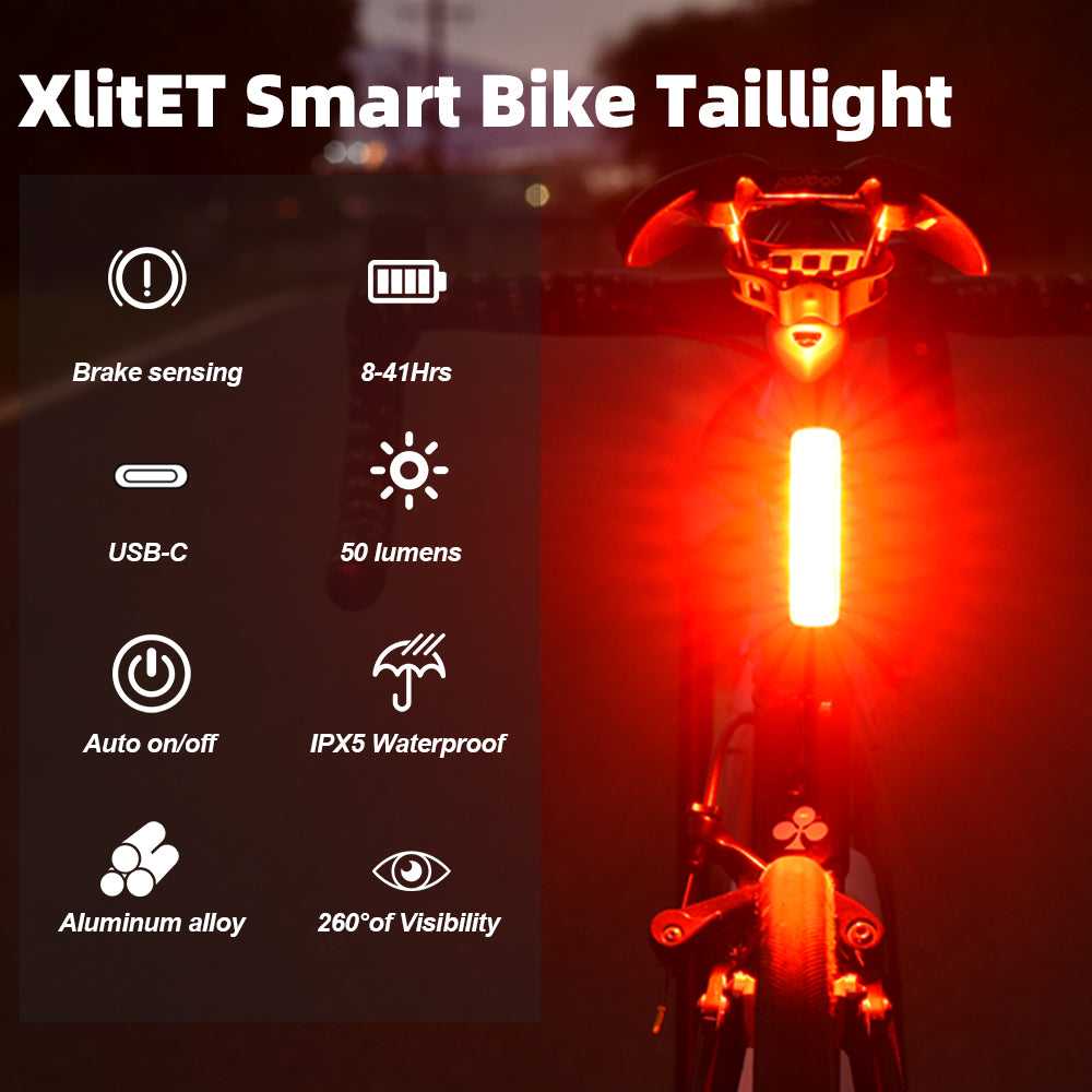 XlitET Smart Bike Taillight with features listed on a dark background