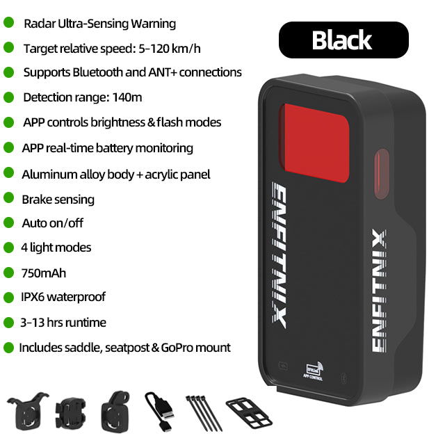 Black electronic device with red button and ENFITNIX branding, featuring specifications on a white background.