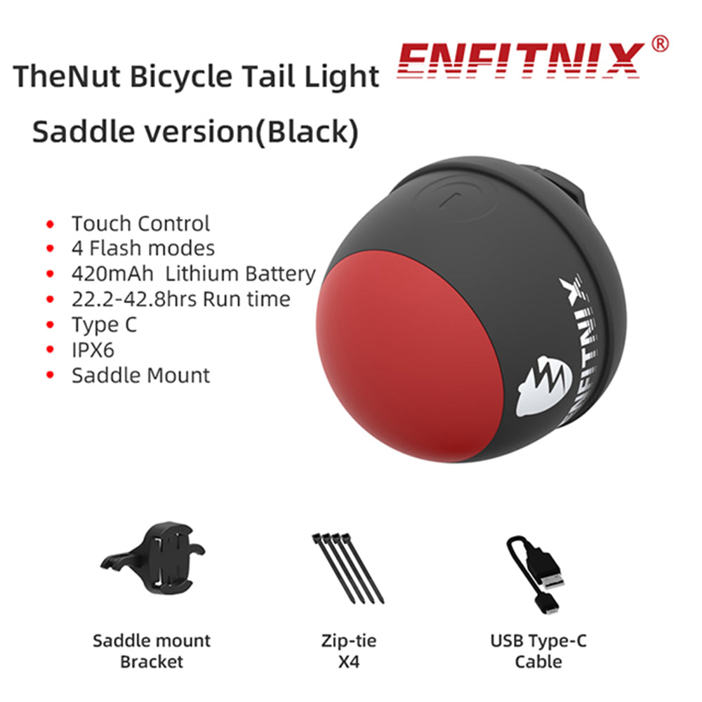 ENFITNIX TheNut Bicycle Tail Light with features listed on a white background