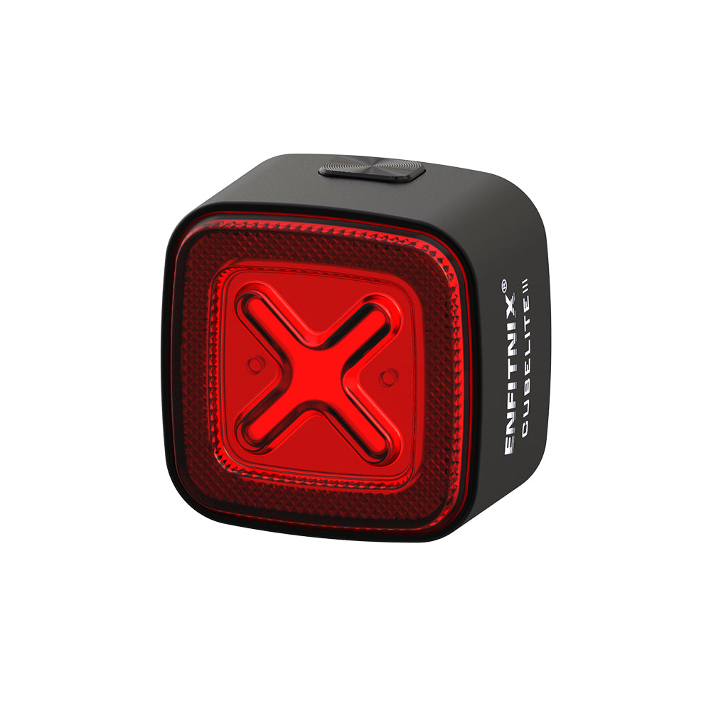 A CubeliteIII smart rear bike light on a white background
