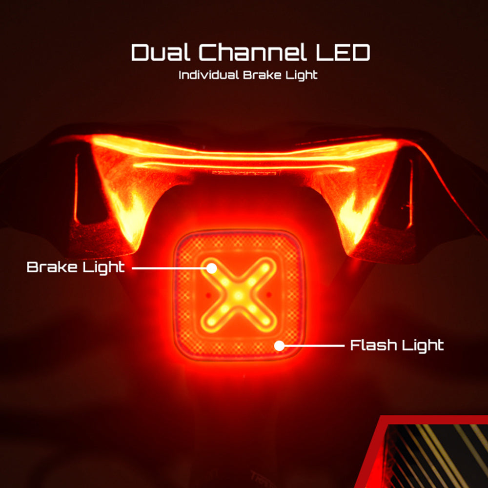 Dual-channel LED light with brake and flash functions on a dark background