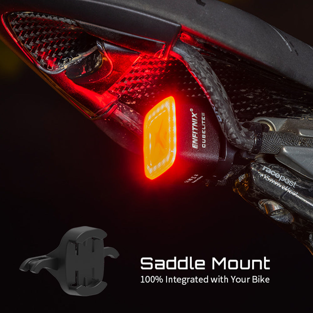Bicycle tail light with 'Endura' branding on a dark background, featuring 'Saddle Mount' text.