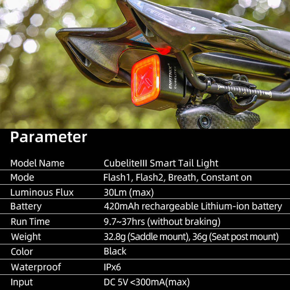 CubeliteIII Smart Tail Light on a bicycle with technical specifications displayed.