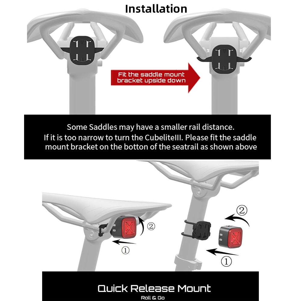 Instructions for installing a saddle mount bracket on a bicycle seat with text and arrows.