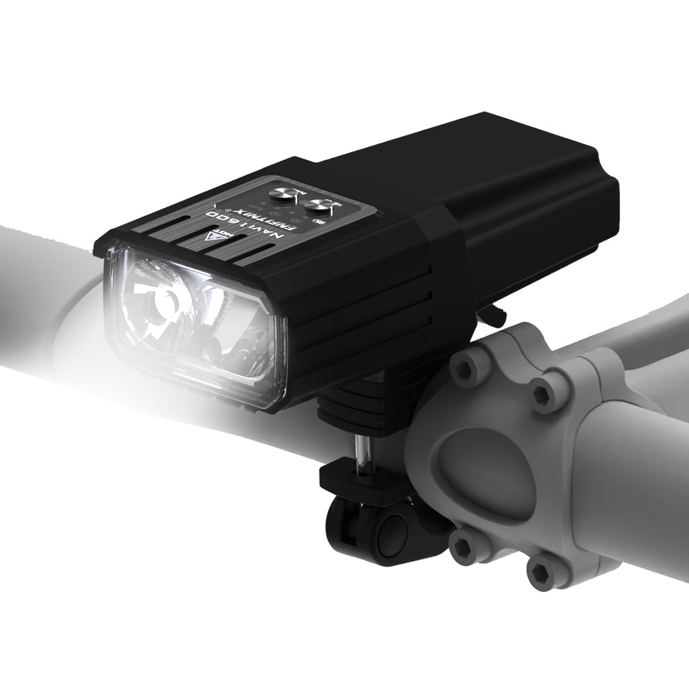 Bicycle light attached to a bike handlebar on a white background