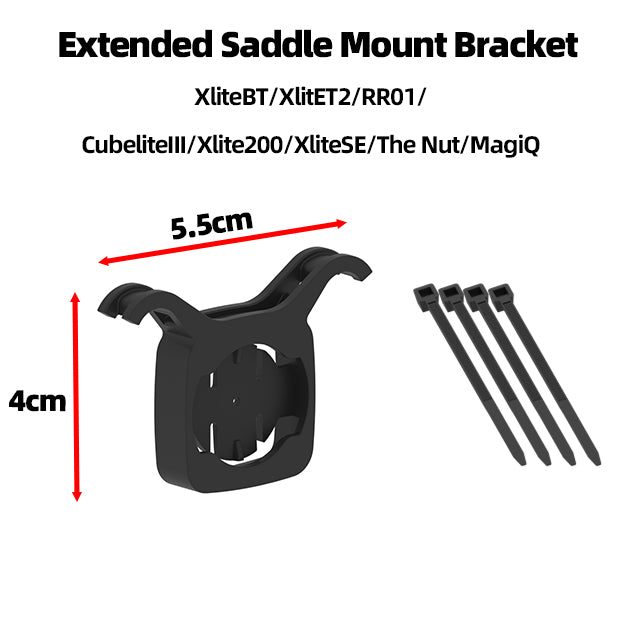 Extended Saddle Mount Bracket with dimensions and compatibility information on a white background