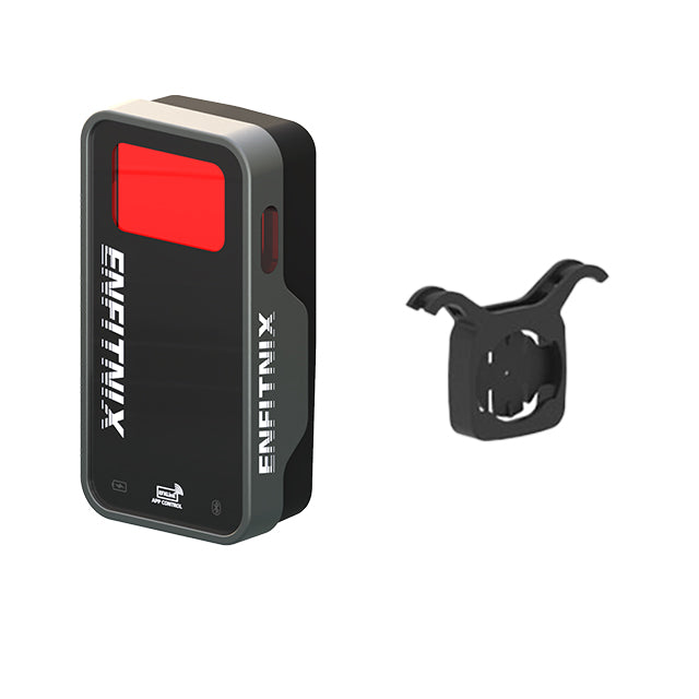 Black electronic device with red screen and Enfitnix branding, accompanied by a black mount on a white background.