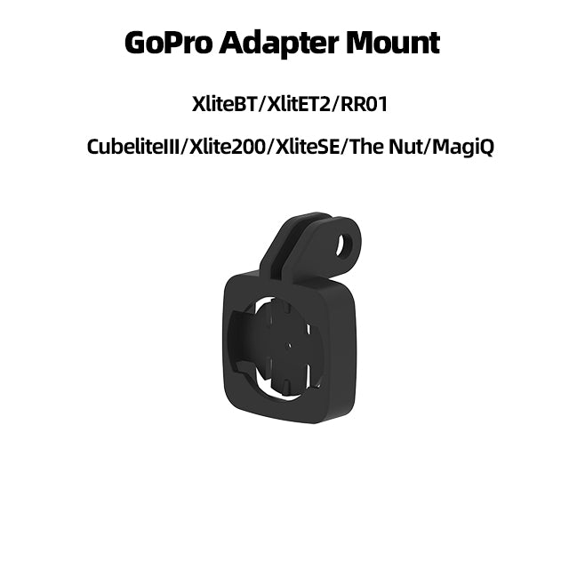 Black GoPro adapter mount on a white background with text listing compatible devices.