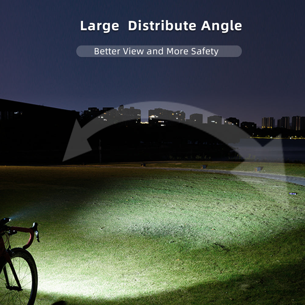 Light projection on a grassy area with a bicycle, highlighting 'Large Distribute Angle' feature.