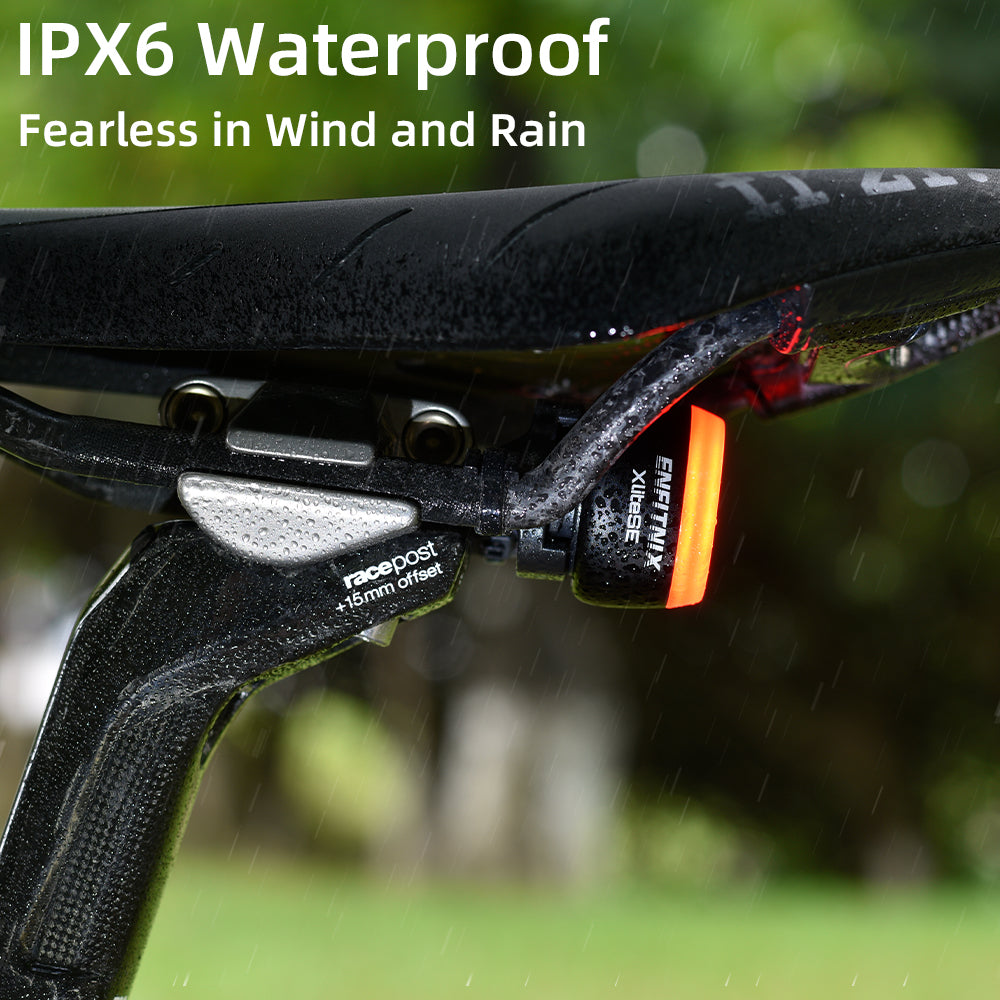 Bicycle light with IPX6 waterproof rating in a rain scenario