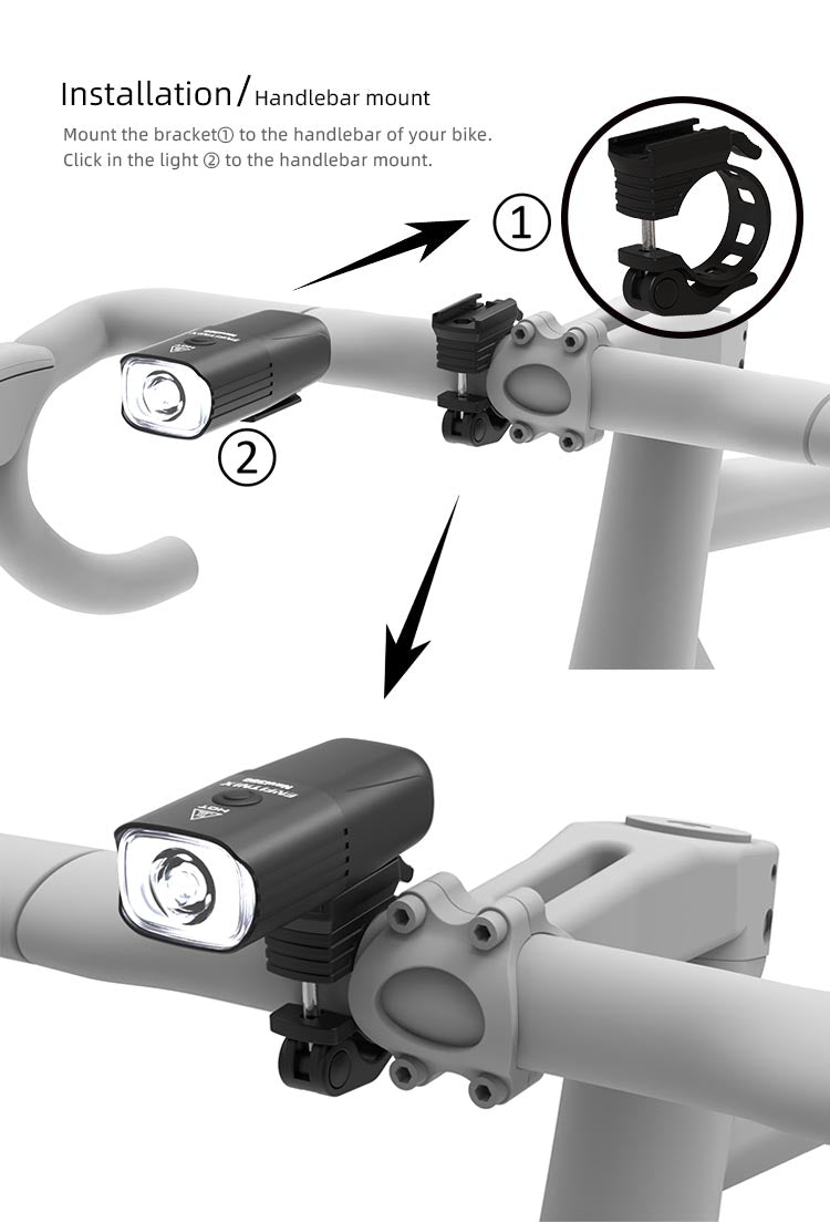 Installation of bicycle headlights, with a formal bracket installed on the handlebar and a white background